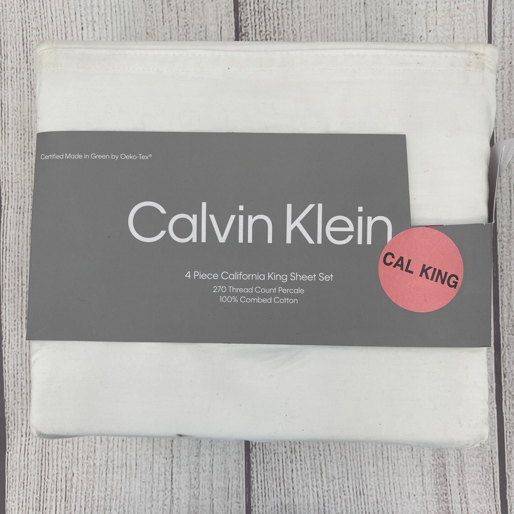 Calvin Klein Sheet Set California King White 270TC Percale 100% Combed Cotton